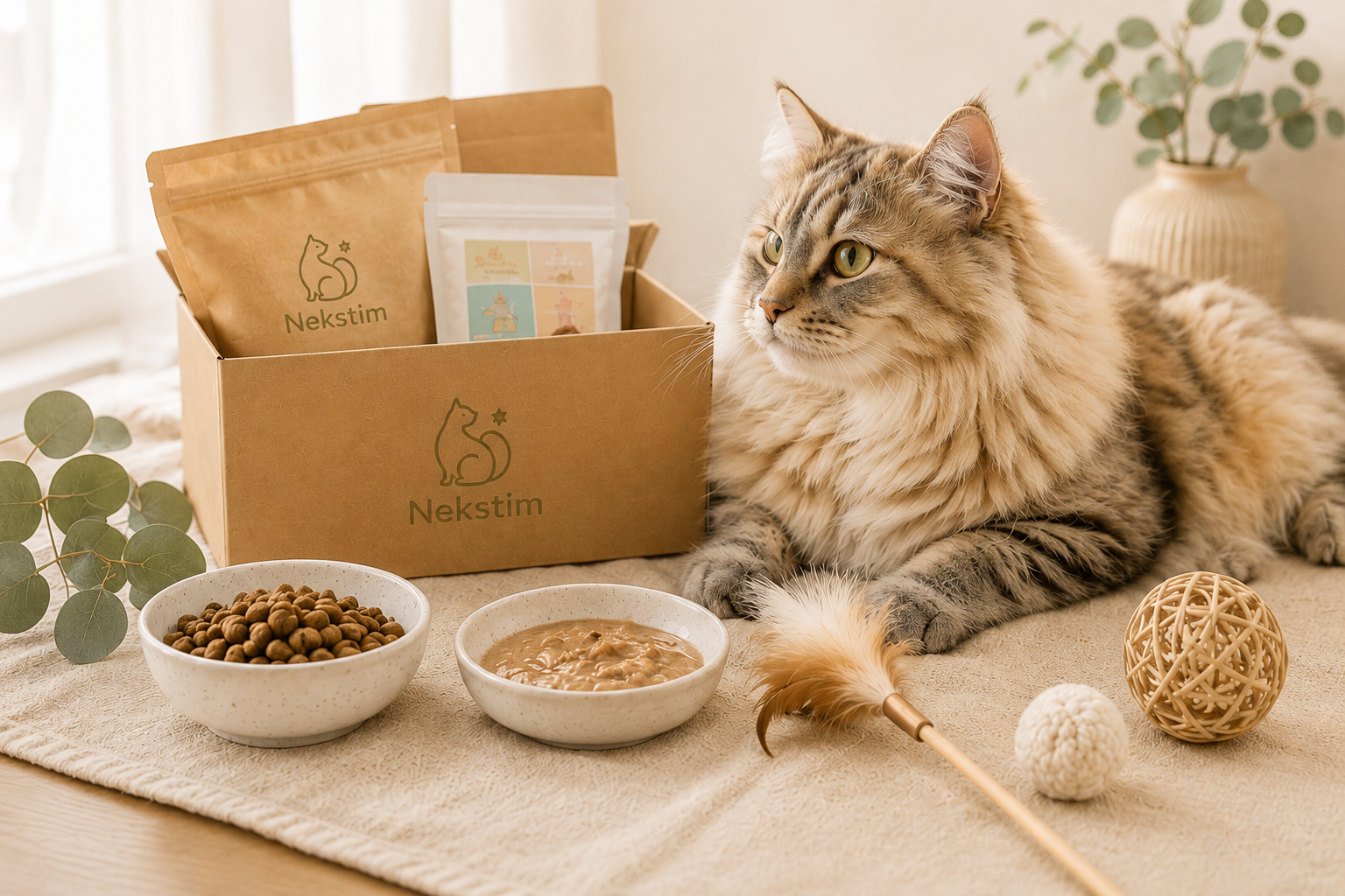 Nekstimのクラフトボックス（パウチ2つ）の横で寛ぐ長毛猫。手前にドライ・ウェットフードの器とおもちゃ、奥にユーカリの葉