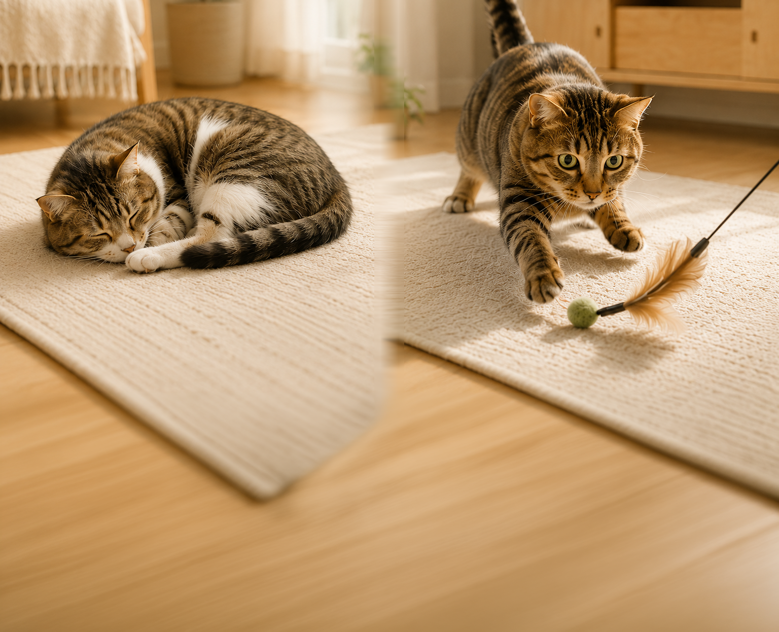 左：眠そうに丸くなる室内猫／右：猫じゃらしに夢中になって遊ぶ同じ猫。中央は柔らかな光でつながる1枚のビフォーアフター写真