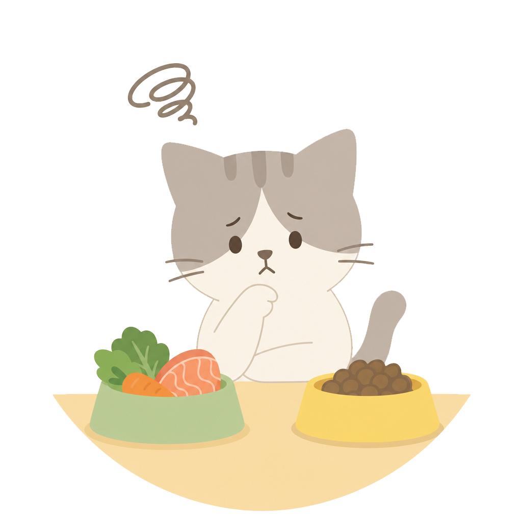 首をかしげる猫と、野菜・フードのボウルのイラスト