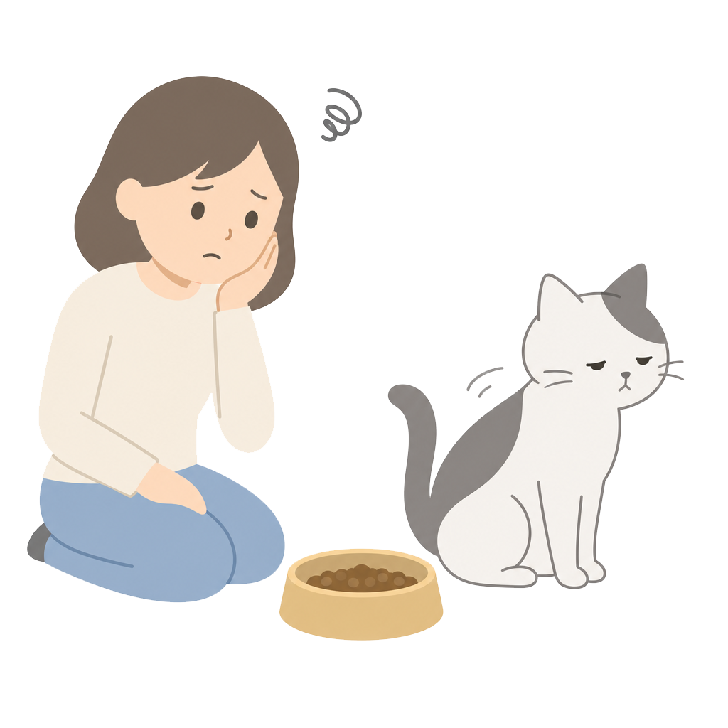 フードボウルの前で困り顔の女性と、そっぽを向く猫のイラスト