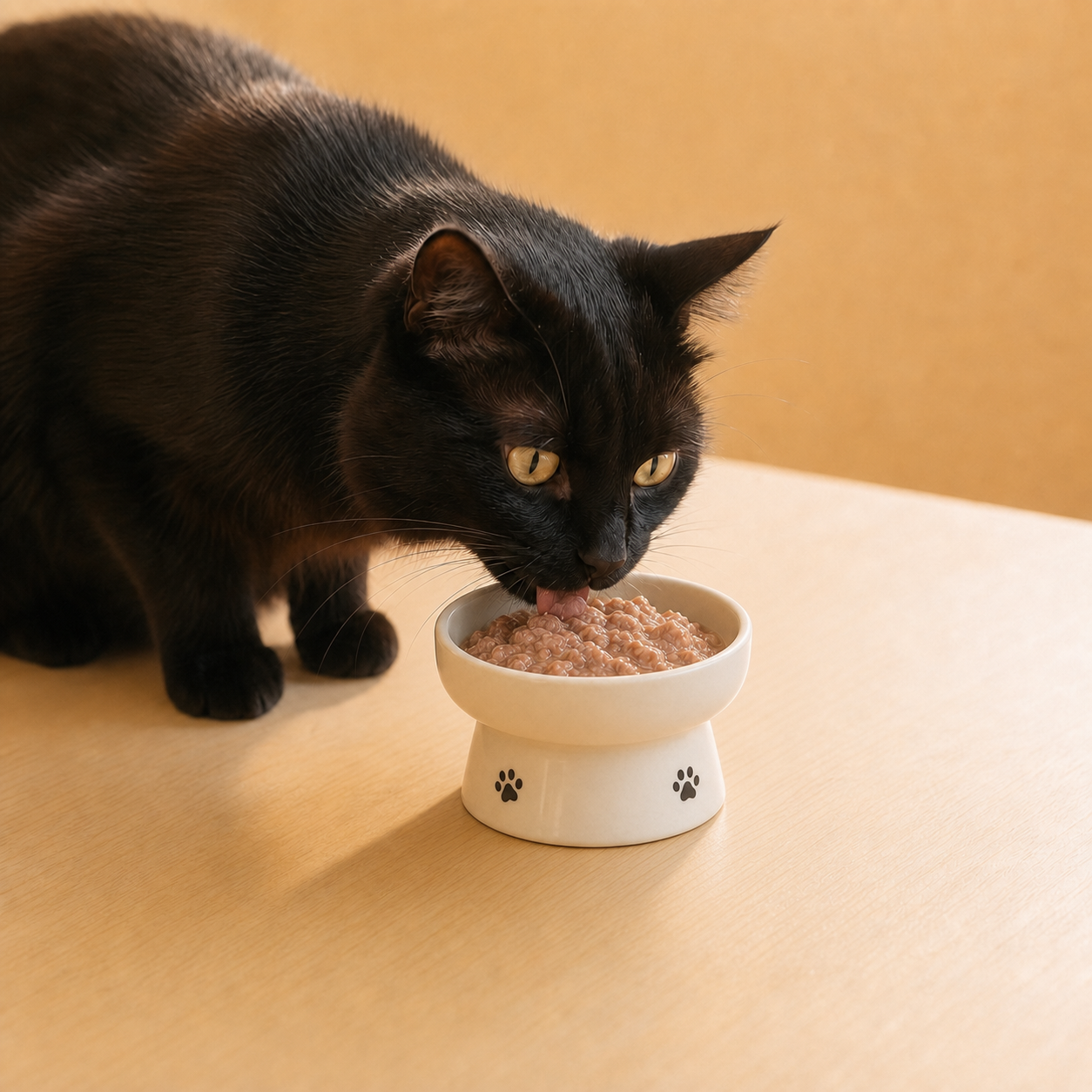 湯気の立つウェットフードを前にする黒猫